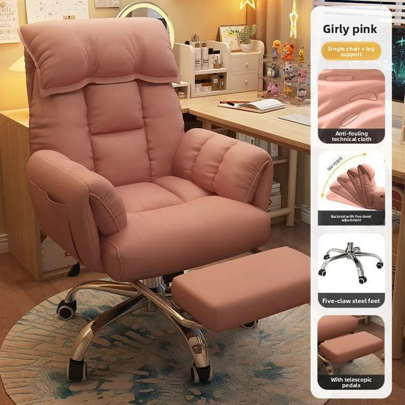 Comfortable Computer Chair with Armrest Footrest Home Office Dormitory Lounge Recliner Back Support Pillow Adjustable Seat