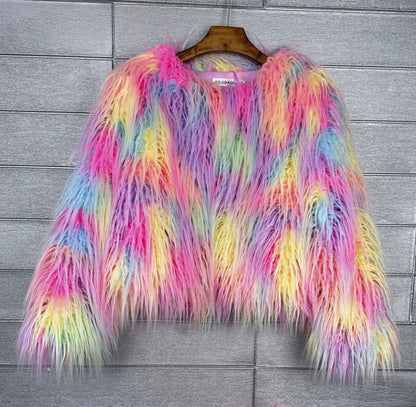 Women's Fur Coat Colorful Furry Pink Lamb Wool Faux Fur Coat Female Shaggy Sheepskin Coat Winter Artificial Fur Jacket