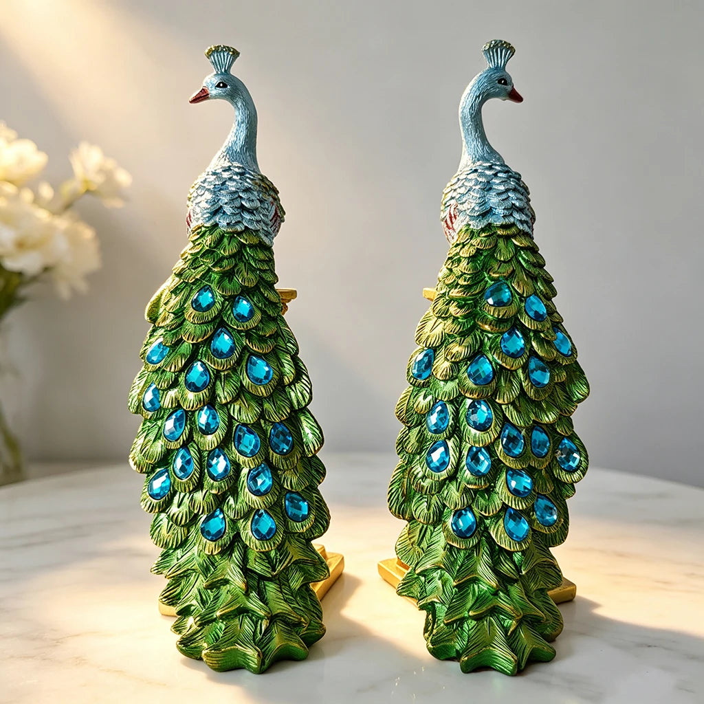 Luxury Couple Peacock Statue Resin Sculpture Gold Column Bird Figurine Home Decor Elegant Living Room Desk Ornament Gift