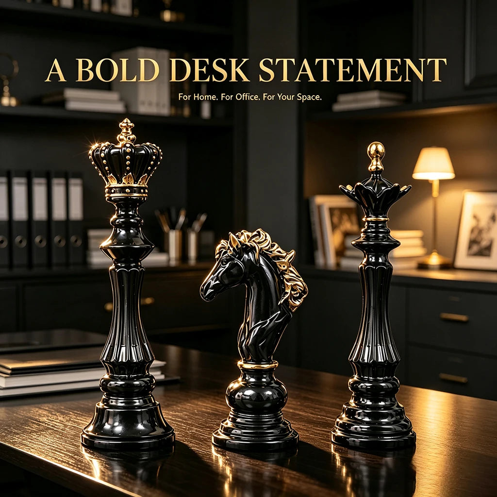 2026 Trending Chess Decor Set, Black Gold Resin King Queen Knight Statue, Modern Luxury Ornament for Home Office