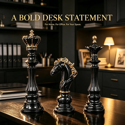 2026 Trending Chess Decor Set, Black Gold Resin King Queen Knight Statue, Modern Luxury Ornament for Home Office
