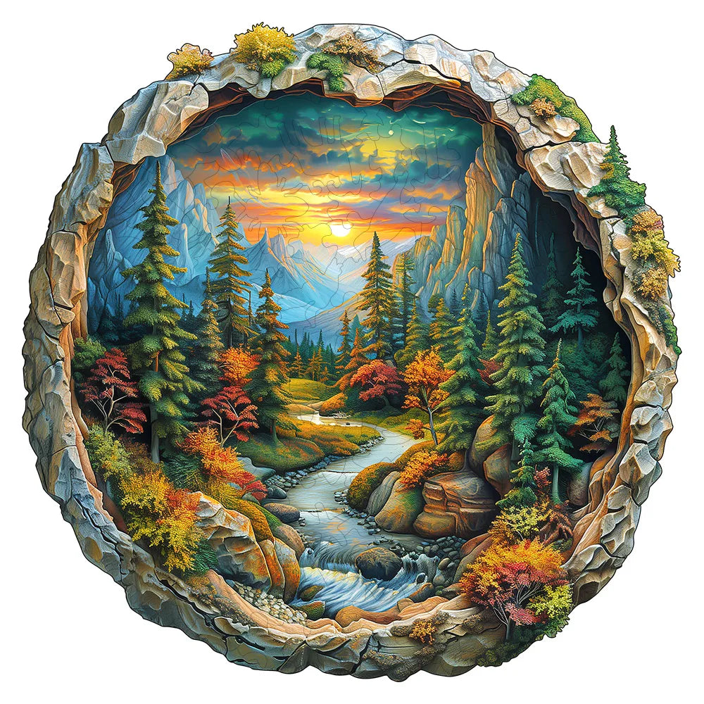 3D Wooden Circular Puzzle - Green Forest Sunset Scene, Family Game Activities, Wooden Home Decoration Gifts
