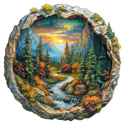 3D Wooden Circular Puzzle - Green Forest Sunset Scene, Family Game Activities, Wooden Home Decoration Gifts