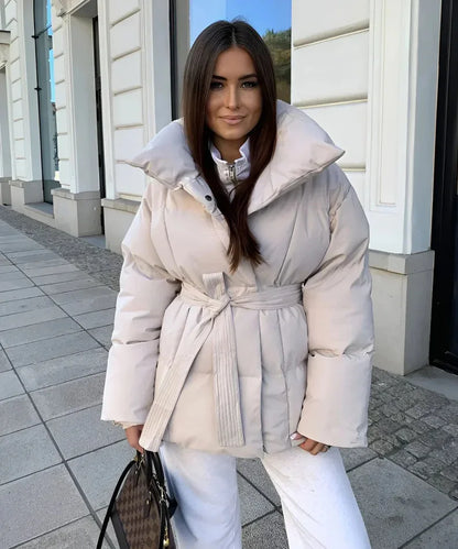 Zekye Down Jacket Warm Waist-cinching Long-sleeve Tied-waist Loose Solid-color Fashionable Women's Winter Jacket Lightweight