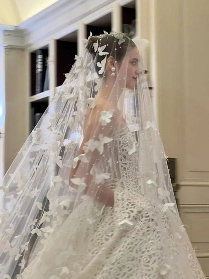 Romantic Butterfly Pearl Beaded Wedding Veil without Comb One Layer Long Cathedral Bridal Veil Marriage Accessories