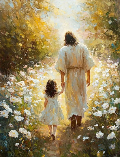 Graffiti Christian Jesus With Child Art Posters Christian Faith Jesus Walking In Flower Field Canvas Painting Bedroom Home Decor