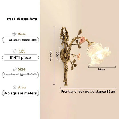 French Vintage Rural Romantic Ceramic Flower Luxury High-End Eye-Friendly Full-Spectrum Dining Room Full Copper Glass Wall Lamp