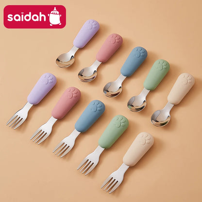 304 Stainless Steel Tableware Spoon Bears Paw Style Short Handled Fork Spoons, Learning to Eat, Small Auxiliary Training Spoons