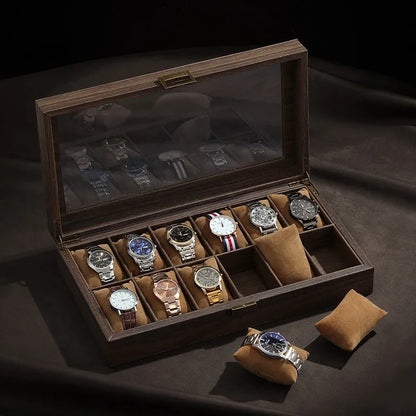 Luxury Wooden Grain Leather Watch Case High-Capacity Storage Multi-Watch Jewelry Organizer for Home