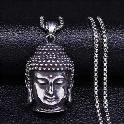 Bohemia Yoga Buddha Head Stainless Steel Necklace Women Silver Color Statement Necklaces Jewelry Collares Para Mujer NZZ64S04