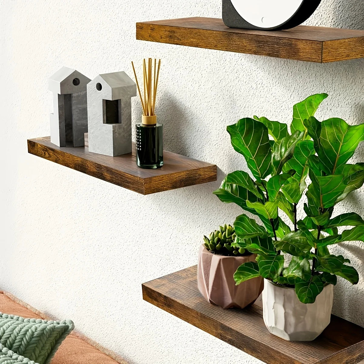 Classic Solid Wood Wall Mounted Horizontal Strip Design Shelf Space-saving for Storage and Display in Living Room and Bedroom