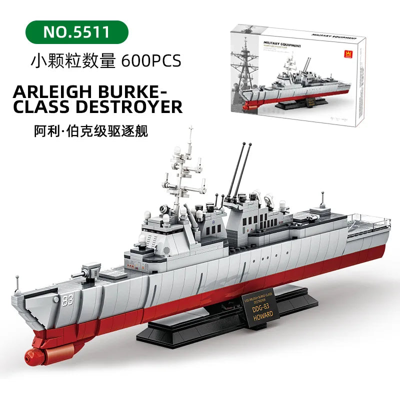 600pcs Arleigh Burke-class destroyer aircraft carrier naval military ship submarine model building blocks toy for boys WG5510