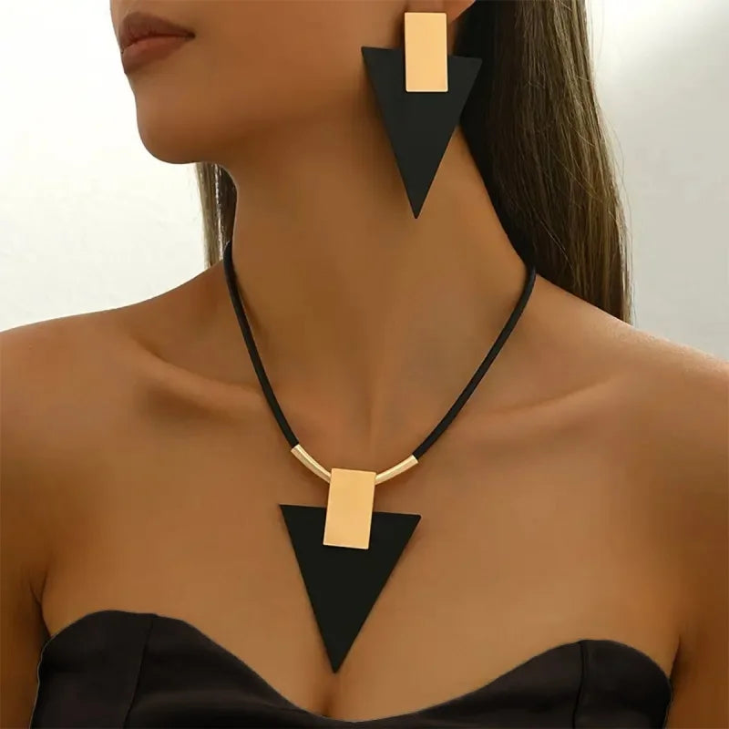2PCS Geometric Rectangular Inverted Triangle Two-Color Spliced Pendant Earring Necklace for Women Trend Exaggerated Set Jewelry