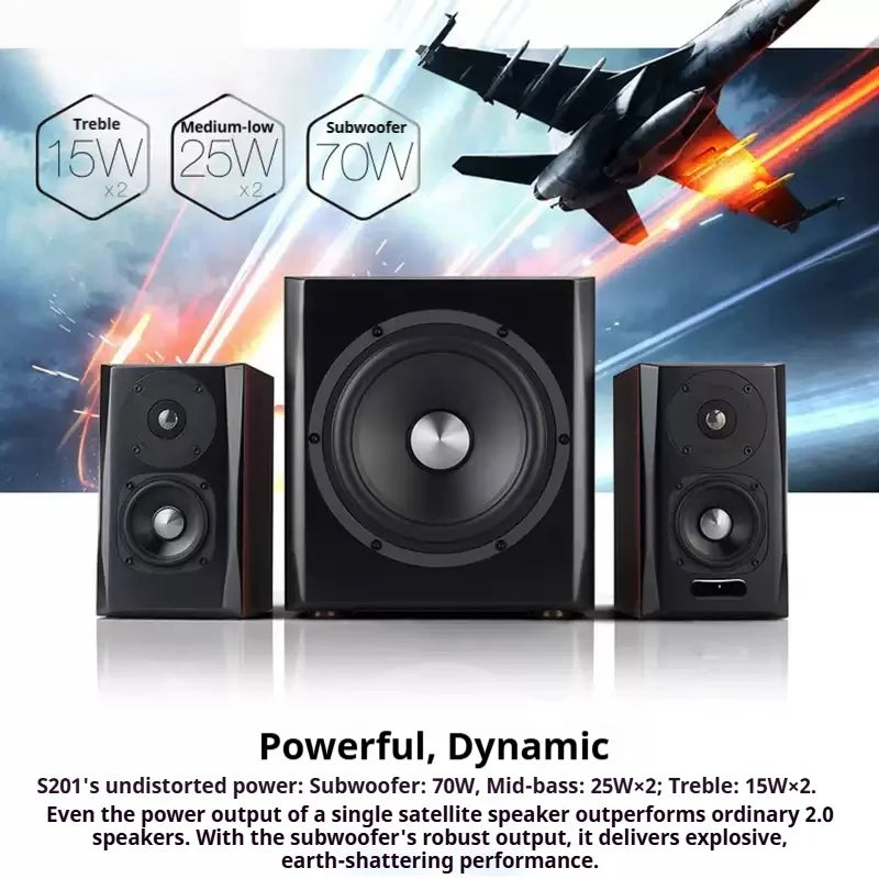 S201 Powerful Bluetooth 5.0 Speaker System, 2.1 Channel Subwoofer for PC Laptop TV Projector, HiFi Home Theater Soundbar