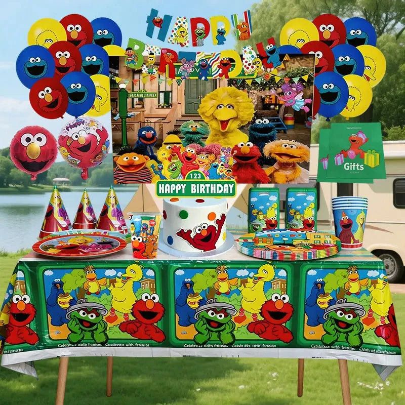 Birthday Party Decoration Set Supplies Cartoon Sesame Streets Birthday Party Supplies Tableware Balloon Cake Topper Banner Plate