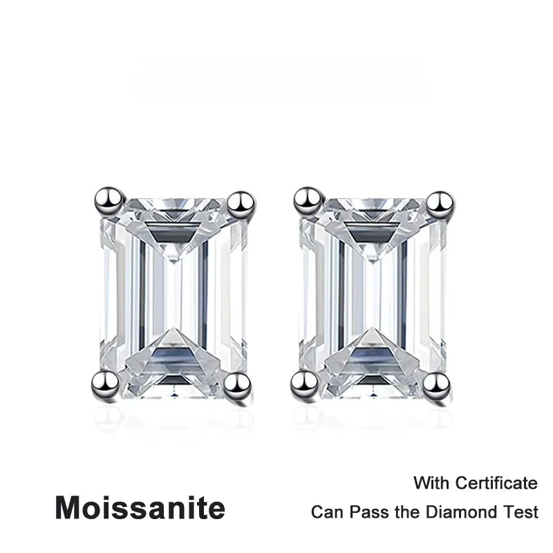 NeeTim 1CT 2CT Emerald Radiant Cut Moissanite Studs Earrings for Women Sparkling 925 Sterling Silver Earring Wedding Jewelry