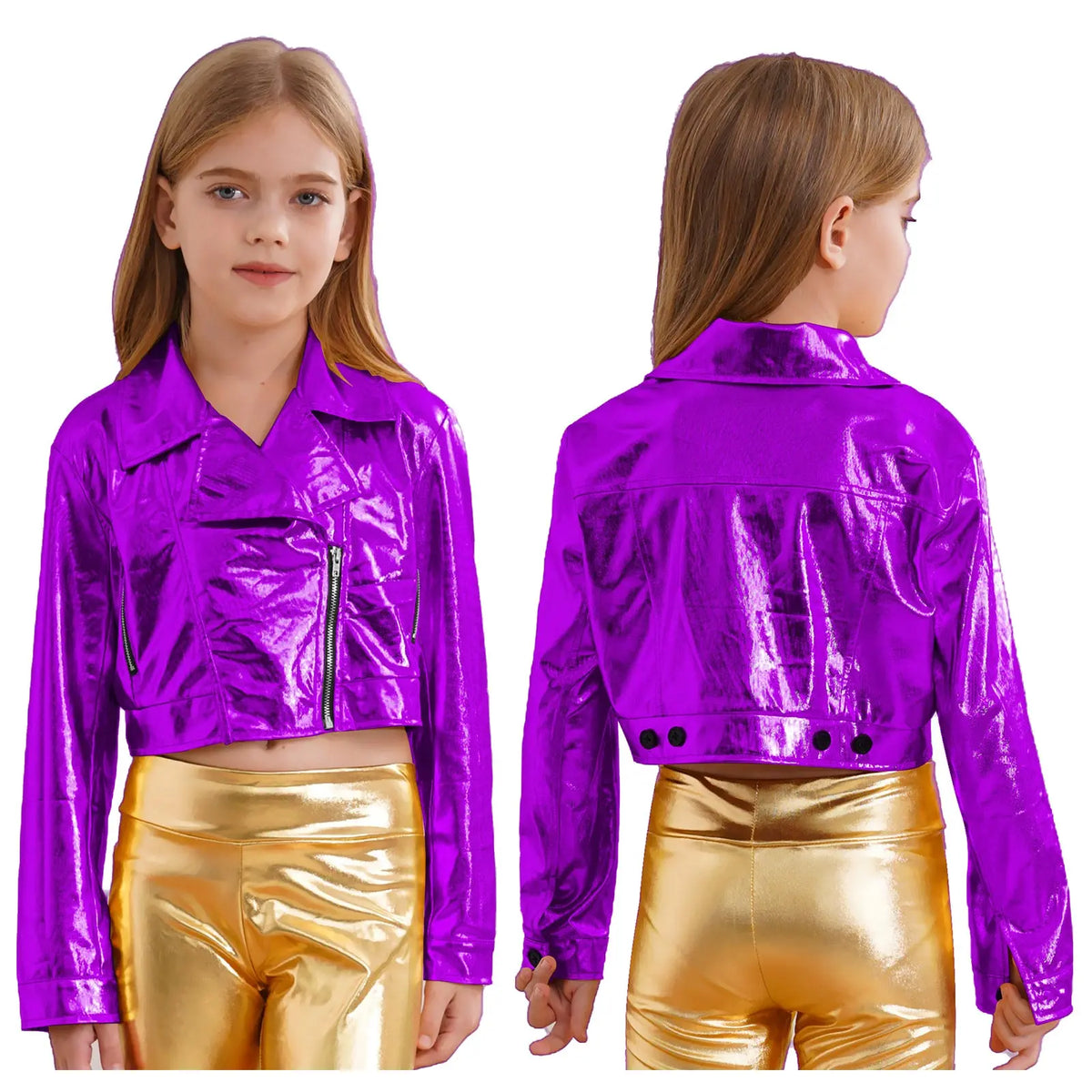 Kid Girls Boys Zipper Metallic Motorcycle Jacket Coat Hip-Hop Jazz Street Dance Outwear School Party Stage Performance Dancewear
