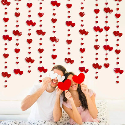 1-4PCS Red Heart Garland Metallic Glitter Hanging Heart Streamer Banner for Anniversary Mother's Day Engagement Wedding Supplies