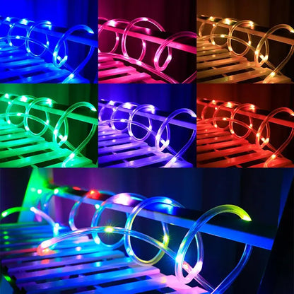 12m/22m/32m Solar Powered Christmas Tree Flexible Fairy Tube Rope String Lights W/Remote Control Copper Wire Outdoor Decoration