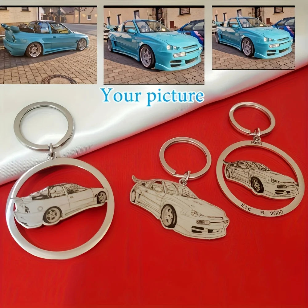 Stainless Steel Round Custom Keychain, Customized with Cartoon Photos of Sports Cars, Motorcycles, and Bicycles, Fashionable Keychain for Racing Enthusiasts and Men