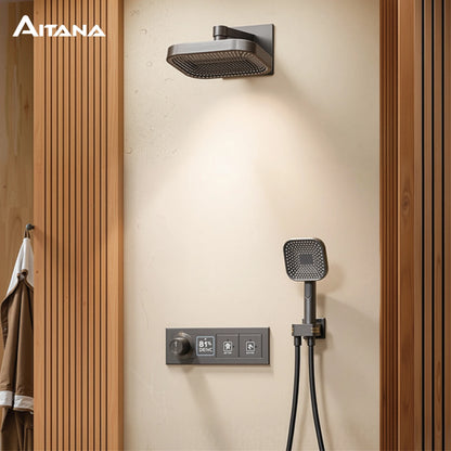 AITANA Luxury Black Brass LED Digital Display Constant Temperature Wall Mounted Bathroom Mixer Embedded 2-Function Shower System