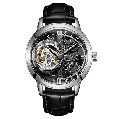 OBLVLO Luxury Retro 45mm Dial Skeleton Automatic Watches For Men Calfskin Strap Mineral Crystal Waterproof Mechanical Watch VM
