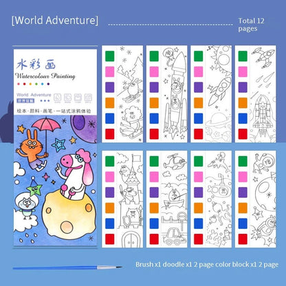 Portable Watercolor Book Set - 12 Sheets Gouache Painting with Brush, Kids Graffiti Drawing Art Stationery