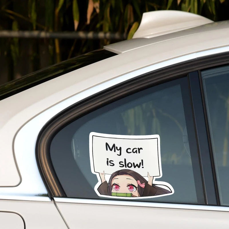 For Demon Slayer Nezuko MY CAR IS SLOW Car Stickers Funny Decal Campervan Vinyl Car Wrap JDM Decals 20CMX14.9CM
