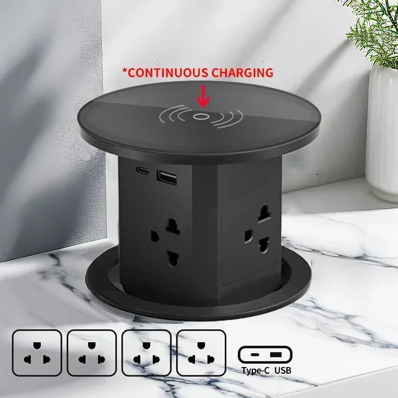 Hydraulic Lifting Socket Automatic Pop  Up Wireless Charge Universal/US/UK/TL Plug Adapter Hidden Four Sided Socket Power Supply