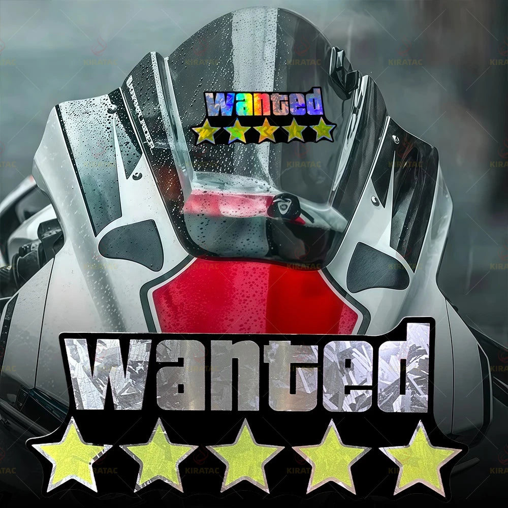 2Pcs/Set Holographic Carbon Silver WANTED Sticker Waterproof Vinyl Decal for Motorcycle Car Scooter Helmet Window Bumper
