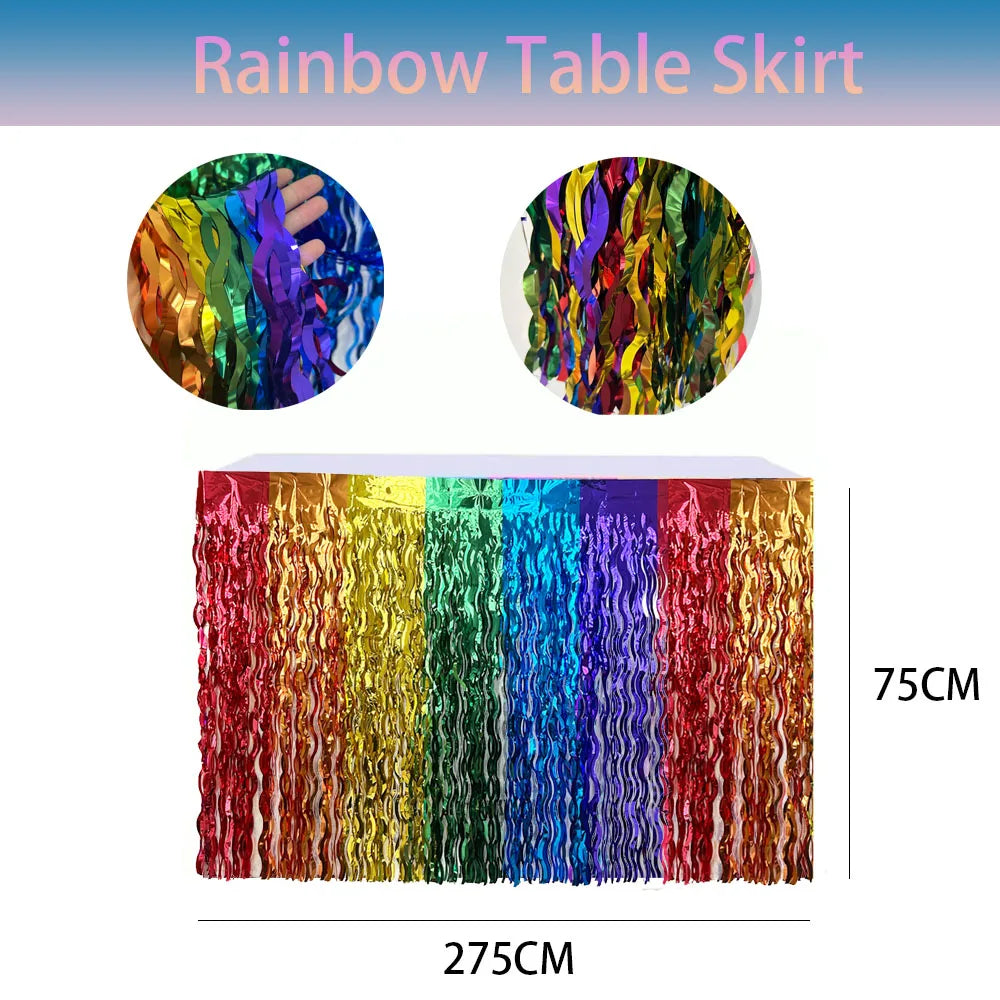 Rainbow Wavy Table Skirt Rainbow Metallic Foil Tinsel Table Skirts for Birthday Wedding Engagement Bridal Shower Party Supplies