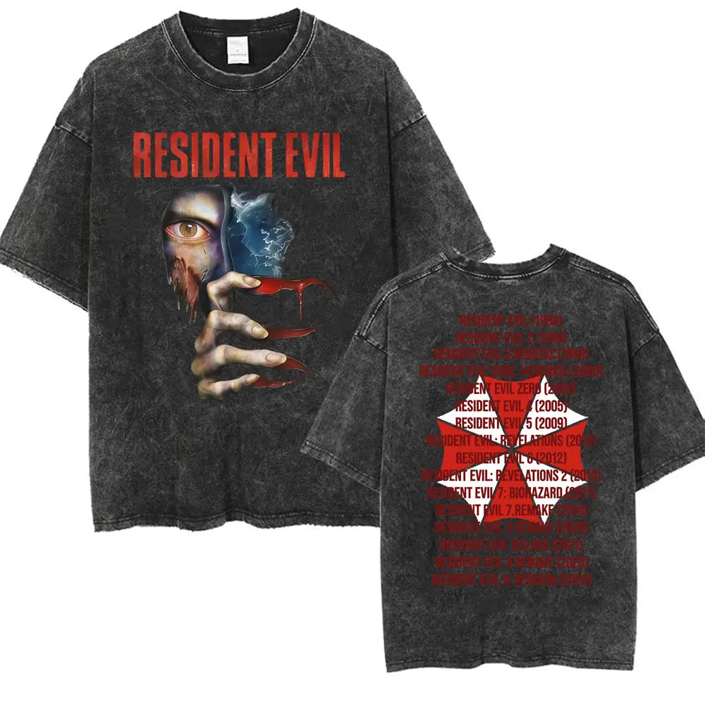 Limited Resident Evil Requiemm Anime T Shirt Men's Clothing Gothic Vintage Washed T Shirts Summer Tops O-Neck T-shirt Streetwear