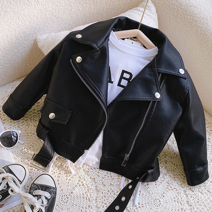 Motorcycle Girls Handsome Leather Jacket Spring Autumn New Short Style Lapel Zipper Coat For 2-8 Years Kids Fashion Pu Outerwear