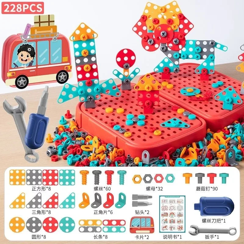 450Pcs Kids STEM Drill Set Creative Mosaic Puzzle Building Blocks Educational Engineering Kit with Screwdriver for Boys Girls
