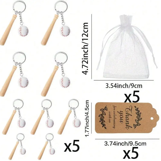 A 15/30-Piece mini Baseball Gift Set Includes 5/10 mini Baseball Keychains, 5/10 Mesh Bags, and 5/10 Thank-You Cards with Wooden