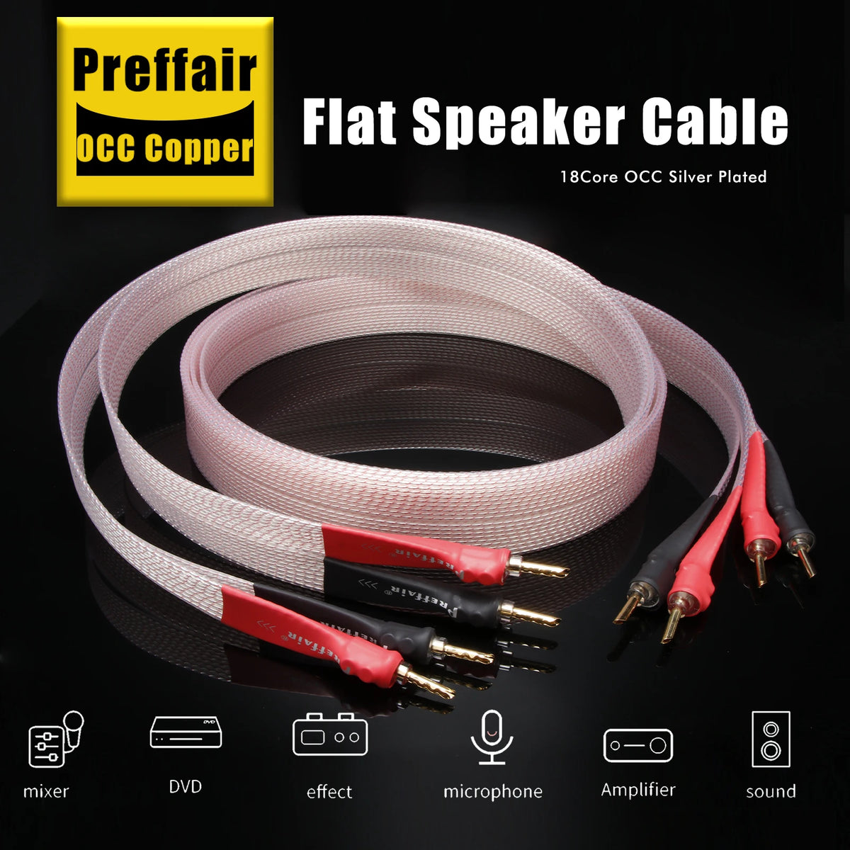 Hifi OCC Speaker Cable Flat Belt Speaker Cable with 90 Degree Banana Y Plugs Cable for Speaker Amplifier