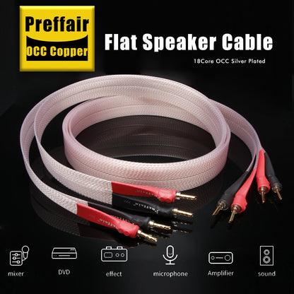 Hifi OCC Speaker Cable Flat Belt Speaker Cable with 90 Degree Banana Y Plugs Cable for Speaker Amplifier