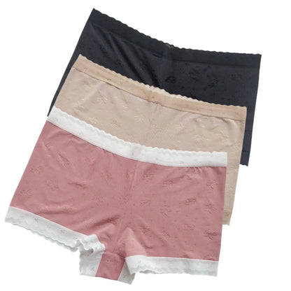 3Pcs/Set Ice Silk Boyshort Women Low Waist Panties Female Underpants Solid Color Lace Underwear Sexy Lingerie M-XL Boyshorts