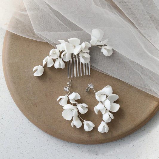 Wedding Hair Combs Earrings Elegant White Ceramic Flowers Hairpins Clips for Bride Hair Accessories Headpieces for Women Girls