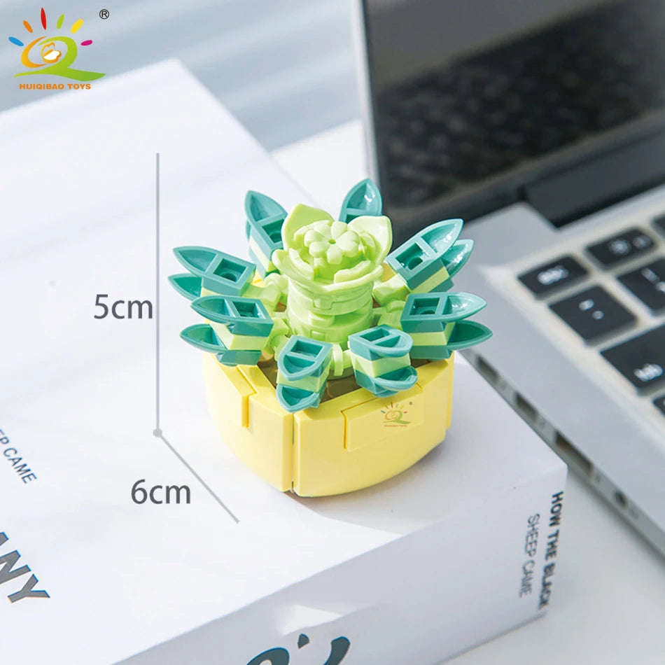 HUIQIBAO MOC Flower Succulent Potted Model Building Block DIY Eternal Bouquet Home Desk Plant Decor Brick Girl Gift Children Toy