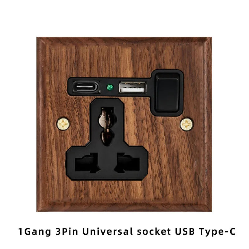 Black walnut wood retro British light switch socket, bedside wall lamp switch LED dimmer, pure wood brass toggle switch board