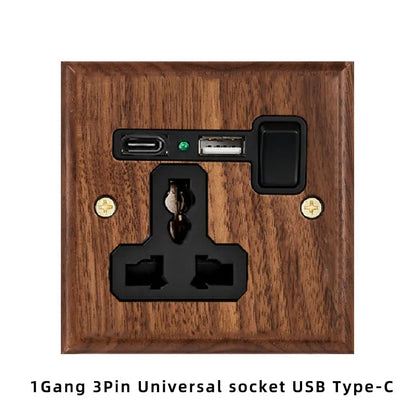 Black walnut wood retro British light switch socket, bedside wall lamp switch LED dimmer, pure wood brass toggle switch board