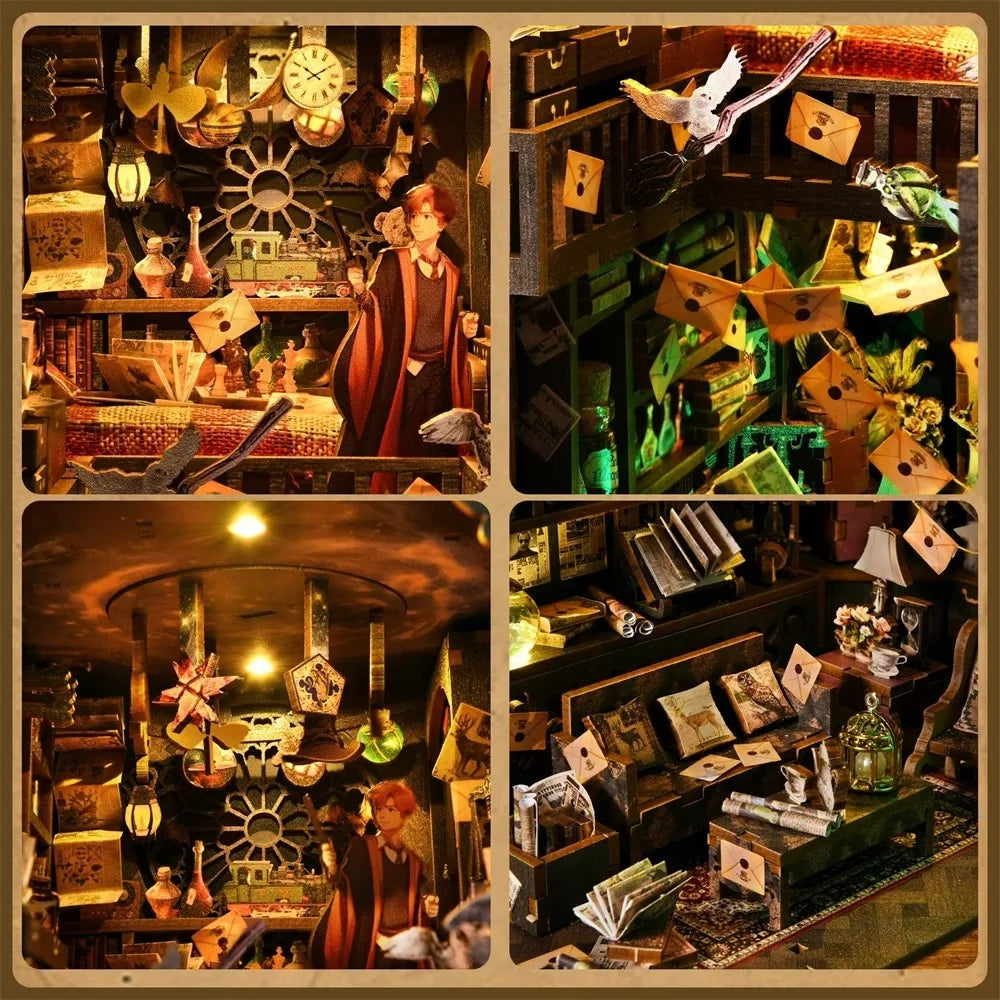 DIY Book Nook Kit Magic House Wooden 3D Puzzle Bookshelf Insert Decor Dollhouse Model Bookend Building Home Decoration Gifts