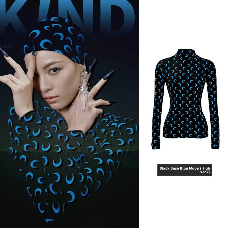 Ice Silk Two Piece Set Womens Sun Protection Clothes Long Sleeve Moon Print Top and Pants American Retro Sexy Autumn New