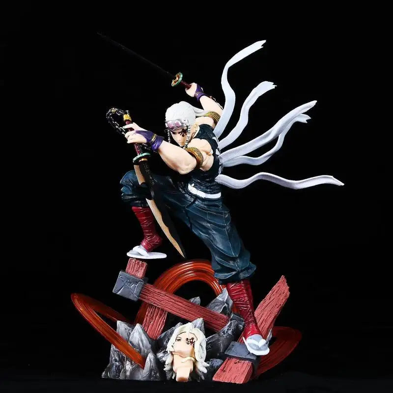 27cm Demon Slayer Tengen Uzui Sound Hashira Statue Double Head Sculpt Battle Scene Desktop Decor Collectible Anime Model Gift