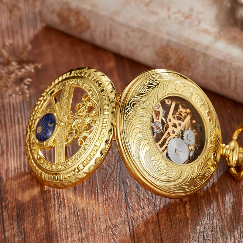 Vintage Gold Skeleton Mechanical Pocket Watch Engraved Star Moon Case Hollow Dial  Hand Wind Fob Watch with Chain for Men Women