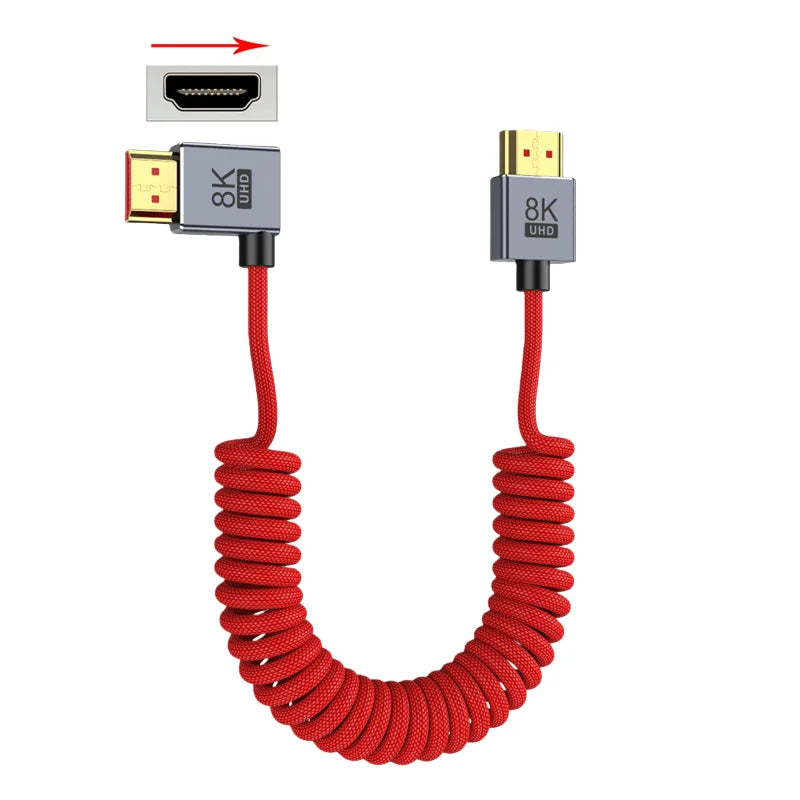 90 Degree HDMI‑Compatible Cable Coiled Spring Braided 8K 60Hz 4K 120Hz 48Gbps Male‑to‑Male Stretch Wire for Camera Field Monitor