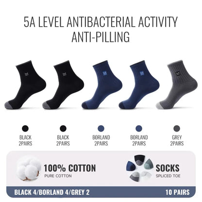 MiiOW 100% Pure Cotton Socks Men Business Dress Sock Anti Odor Crew Socks Antibacterial Breathable Sports Long Sock Black White