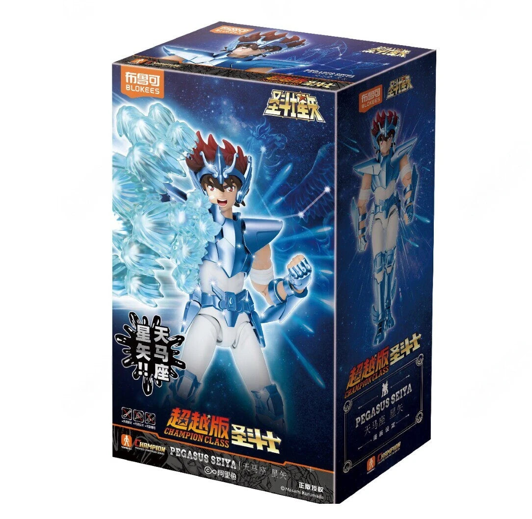 BLOKEES Saint Seiya 40TH Gold Saint EX Cygnus Hyoga Pegasus Seiya Buildable Statue Spare Hands Golden Paint Collectible Toy Gift