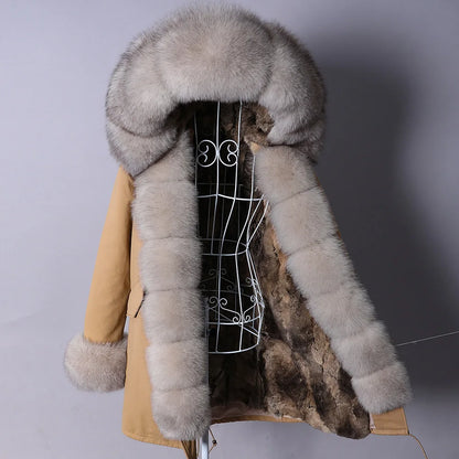 2026 Maomaokong Women's Winter Coats Rabbit Lining Jacket Natural Real Raccoon Fur Collar Parka Fox Fur Long Female Clothing